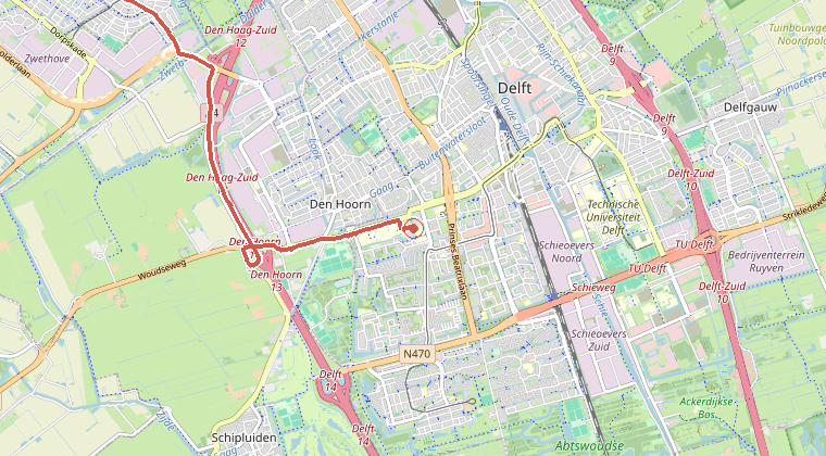 Kaart van de omgeving van de melding, met de kazerne die is gealarmeerd