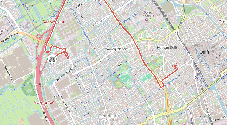 Kaart van de omgeving van de melding, met de kazerne die is gealarmeerd
