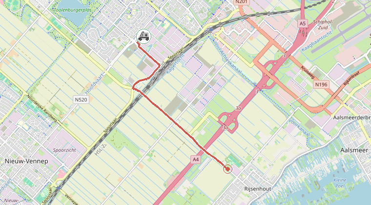 Kaart van de omgeving van de melding, met de kazerne die is gealarmeerd
