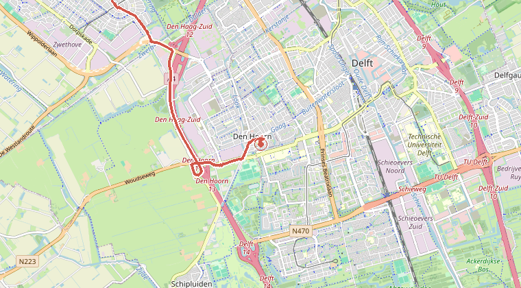 Kaart van de omgeving van de melding, met de kazerne die is gealarmeerd
