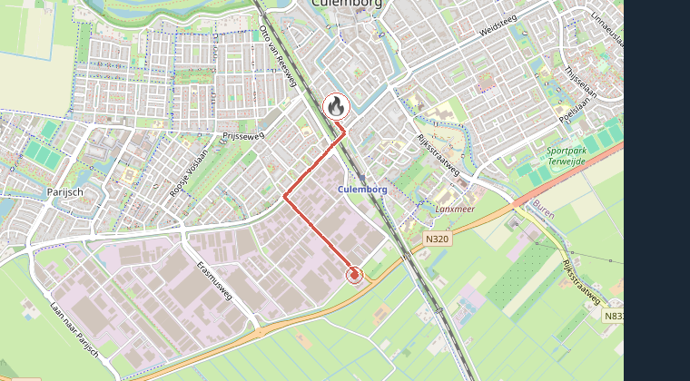 Kaart van de omgeving van de melding, met de kazerne die is gealarmeerd