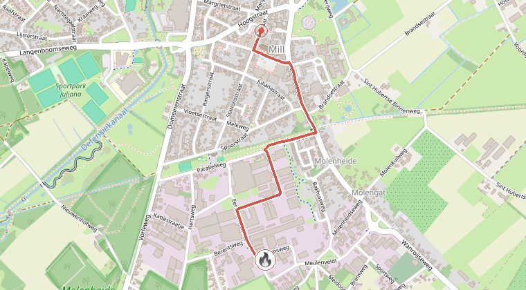 Kaart van de omgeving van de melding, met de kazerne die is gealarmeerd