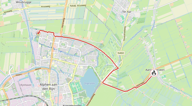 Kaart van de omgeving van de melding, met de kazerne die is gealarmeerd