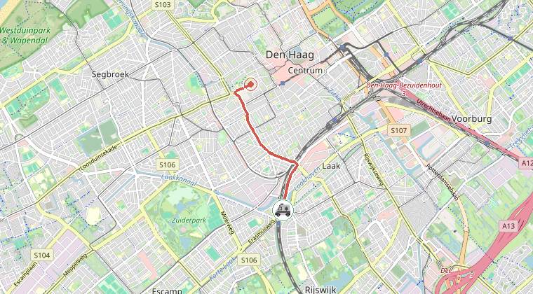 Kaart van de omgeving van de melding, met de kazerne die is gealarmeerd