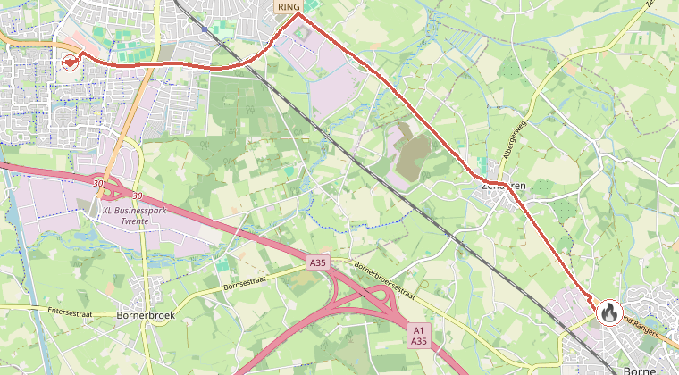 Kaart van de omgeving van de melding, met de kazerne die is gealarmeerd