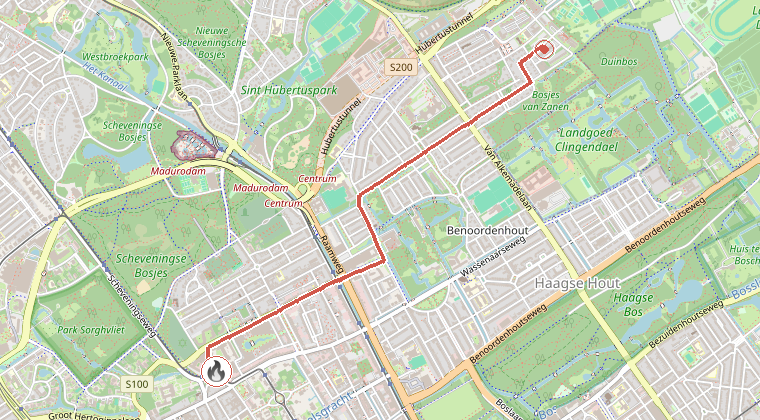 Kaart van de omgeving van de melding, met de kazerne die is gealarmeerd