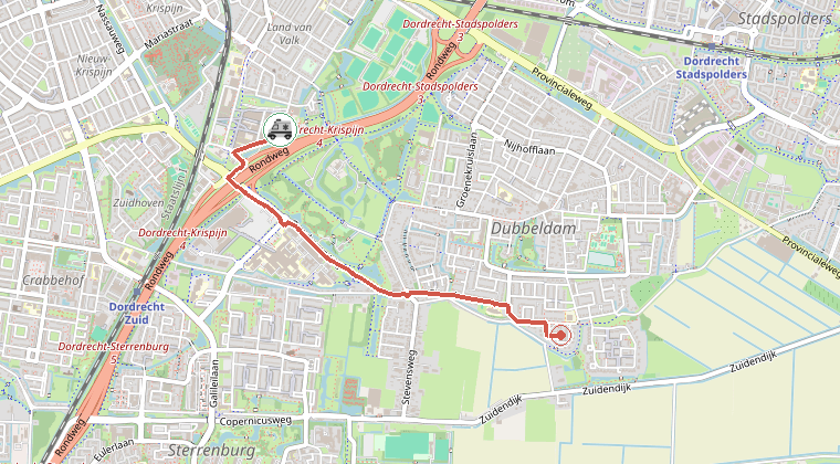 Kaart van de omgeving van de melding, met de kazerne die is gealarmeerd