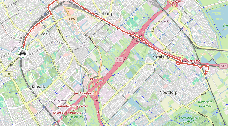 Kaart van de omgeving van de melding, met de kazerne die is gealarmeerd