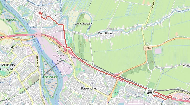 Kaart van de omgeving van de melding, met de kazerne die is gealarmeerd