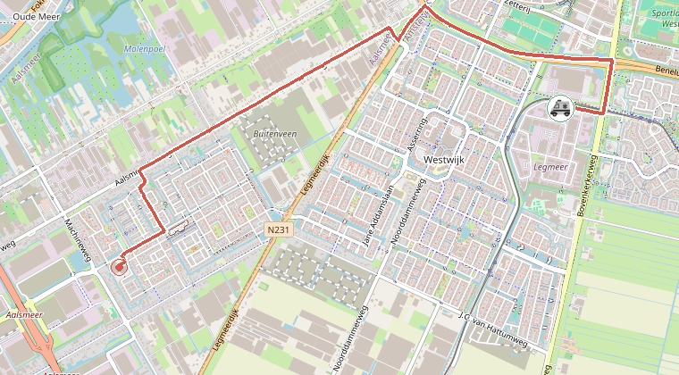 Kaart van de omgeving van de melding, met de kazerne die is gealarmeerd