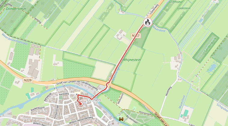 Kaart van de omgeving van de melding, met de kazerne die is gealarmeerd