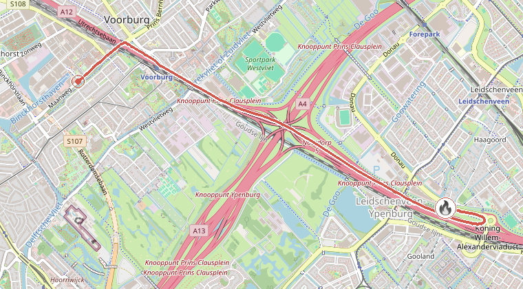 Kaart van de omgeving van de melding, met de kazerne die is gealarmeerd