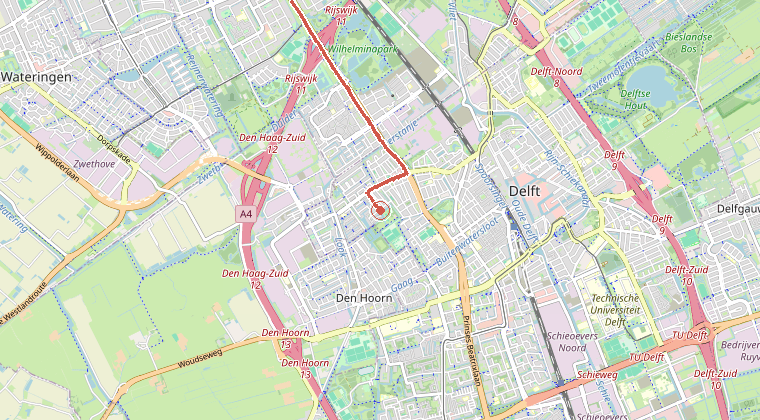 Kaart van de omgeving van de melding, met de kazerne die is gealarmeerd