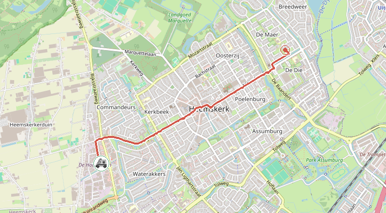 Kaart van de omgeving van de melding, met de kazerne die is gealarmeerd