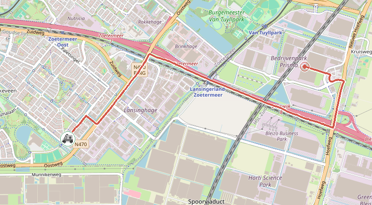 Kaart van de omgeving van de melding, met de kazerne die is gealarmeerd
