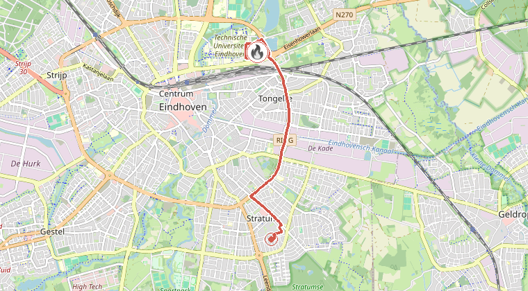 Kaart van de omgeving van de melding, met de kazerne die is gealarmeerd