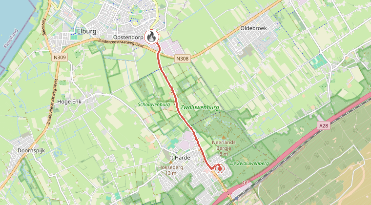Kaart van de omgeving van de melding, met de kazerne die is gealarmeerd