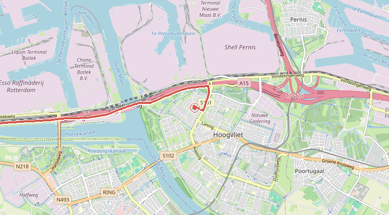 Kaart van de omgeving van de melding, met de kazerne die is gealarmeerd