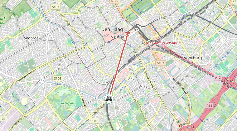 Kaart van de omgeving van de melding, met de kazerne die is gealarmeerd