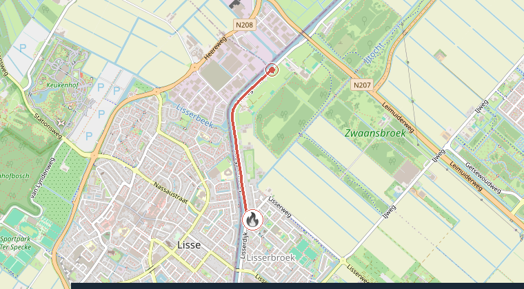 Kaart van de omgeving van de melding, met de kazerne die is gealarmeerd