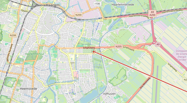 Kaart van de omgeving van de melding, met de kazerne die is gealarmeerd