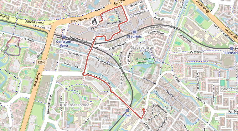 Kaart van de omgeving van de melding, met de kazerne die is gealarmeerd