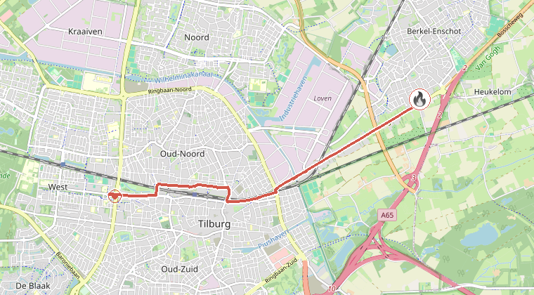 Kaart van de omgeving van de melding, met de kazerne die is gealarmeerd