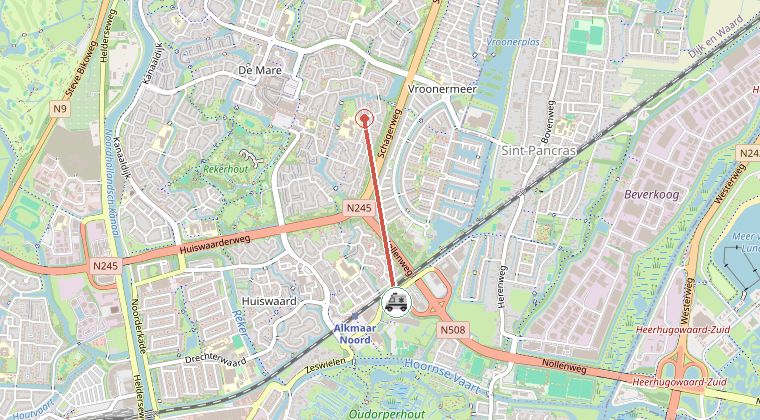 Kaart van de omgeving van de melding, met de kazerne die is gealarmeerd