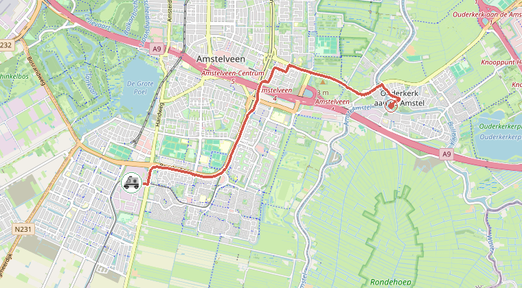 Kaart van de omgeving van de melding, met de kazerne die is gealarmeerd