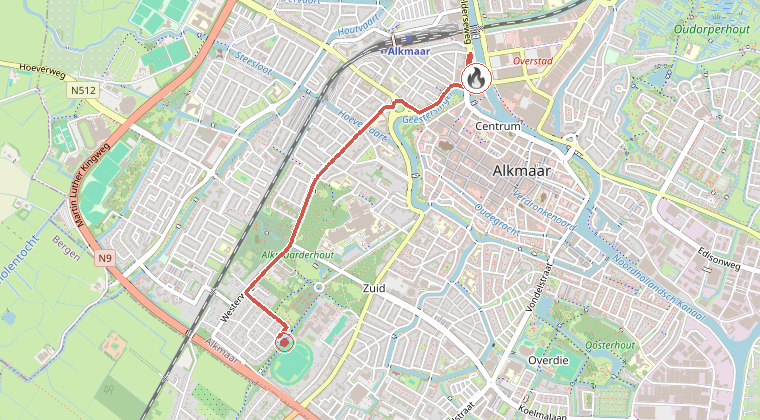 Kaart van de omgeving van de melding, met de kazerne die is gealarmeerd