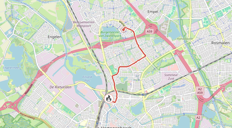 Kaart van de omgeving van de melding, met de kazerne die is gealarmeerd