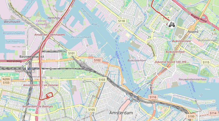 Kaart van de omgeving van de melding, met de kazerne die is gealarmeerd