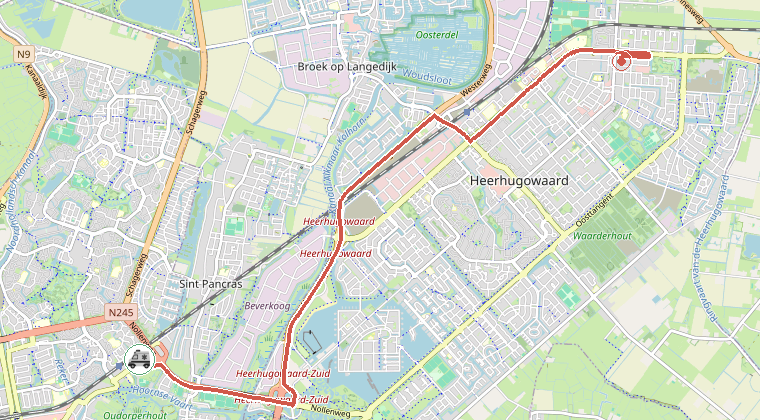Kaart van de omgeving van de melding, met de kazerne die is gealarmeerd