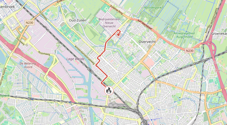 Kaart van de omgeving van de melding, met de kazerne die is gealarmeerd