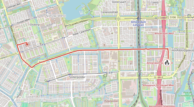 Kaart van de omgeving van de melding, met de kazerne die is gealarmeerd