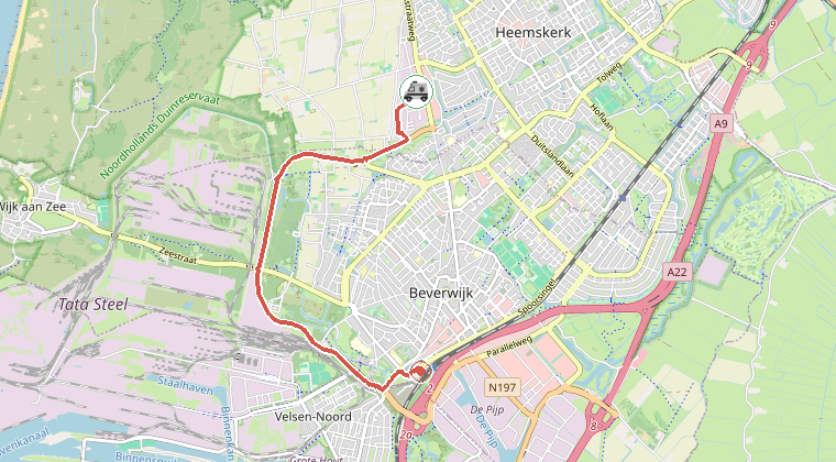 Kaart van de omgeving van de melding, met de kazerne die is gealarmeerd