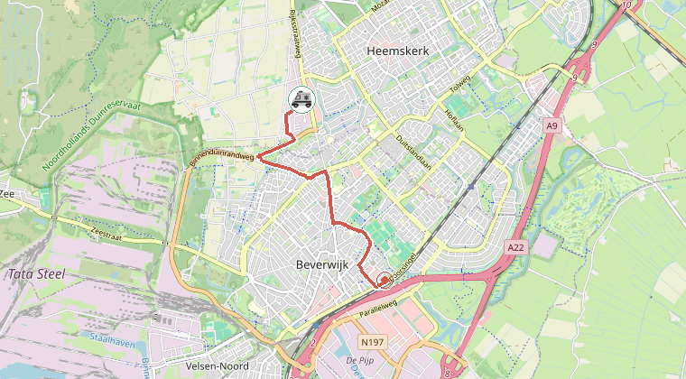 Kaart van de omgeving van de melding, met de kazerne die is gealarmeerd