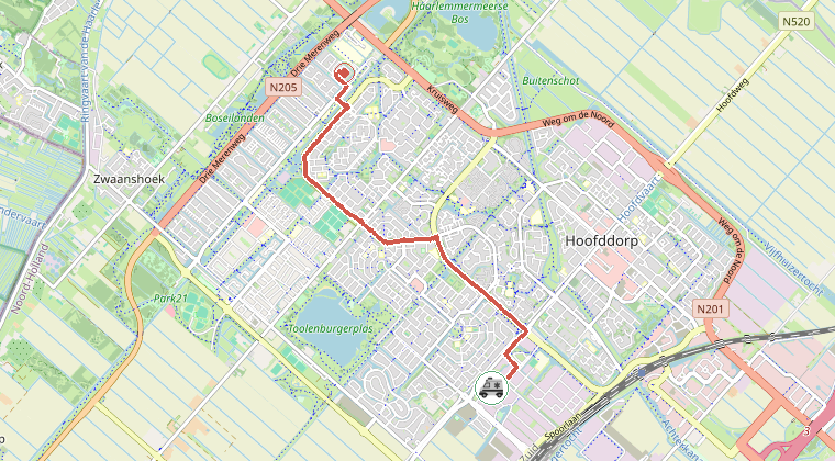 Kaart van de omgeving van de melding, met de kazerne die is gealarmeerd