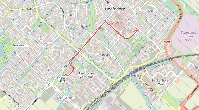 Kaart van de omgeving van de melding, met de kazerne die is gealarmeerd