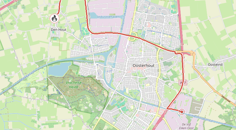 Kaart van de omgeving van de melding, met de kazerne die is gealarmeerd