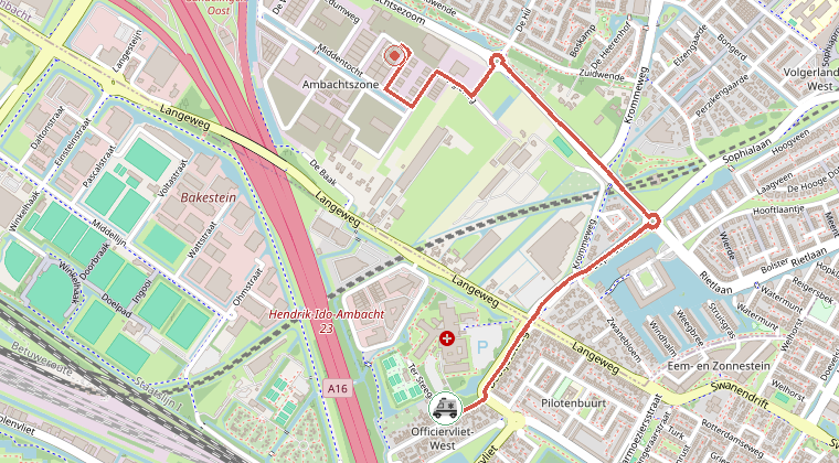 Kaart van de omgeving van de melding, met de kazerne die is gealarmeerd