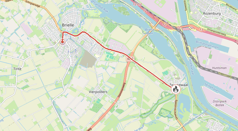 Kaart van de omgeving van de melding, met de kazerne die is gealarmeerd