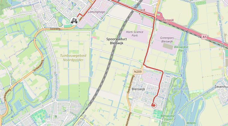 Kaart van de omgeving van de melding, met de kazerne die is gealarmeerd