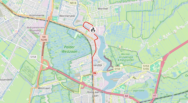 Kaart van de omgeving van de melding, met de kazerne die is gealarmeerd