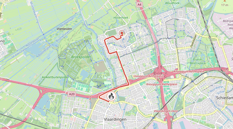 Kaart van de omgeving van de melding, met de kazerne die is gealarmeerd