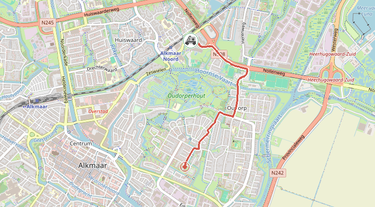 Kaart van de omgeving van de melding, met de kazerne die is gealarmeerd