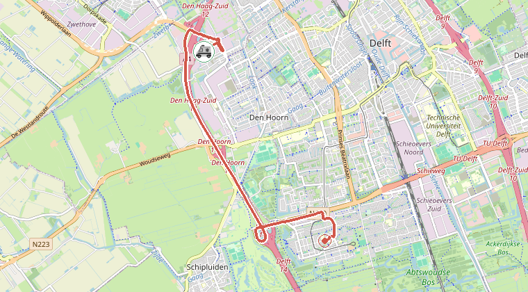 Kaart van de omgeving van de melding, met de kazerne die is gealarmeerd