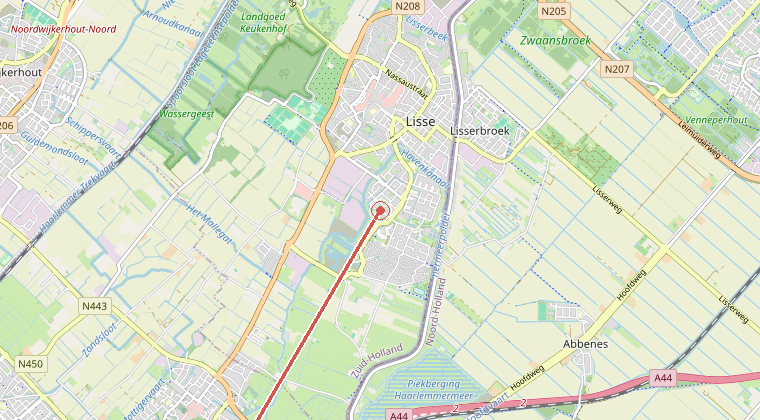 Kaart van de omgeving van de melding, met de kazerne die is gealarmeerd