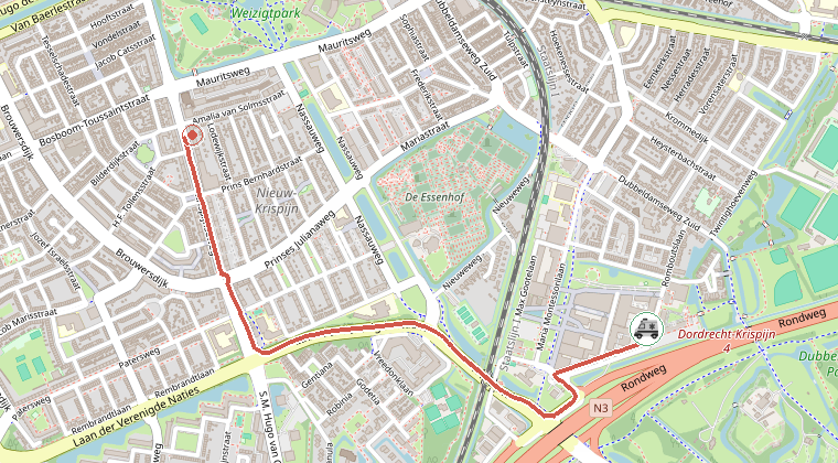 Kaart van de omgeving van de melding, met de kazerne die is gealarmeerd