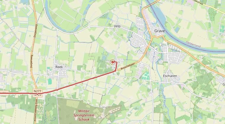 Kaart van de omgeving van de melding, met de kazerne die is gealarmeerd
